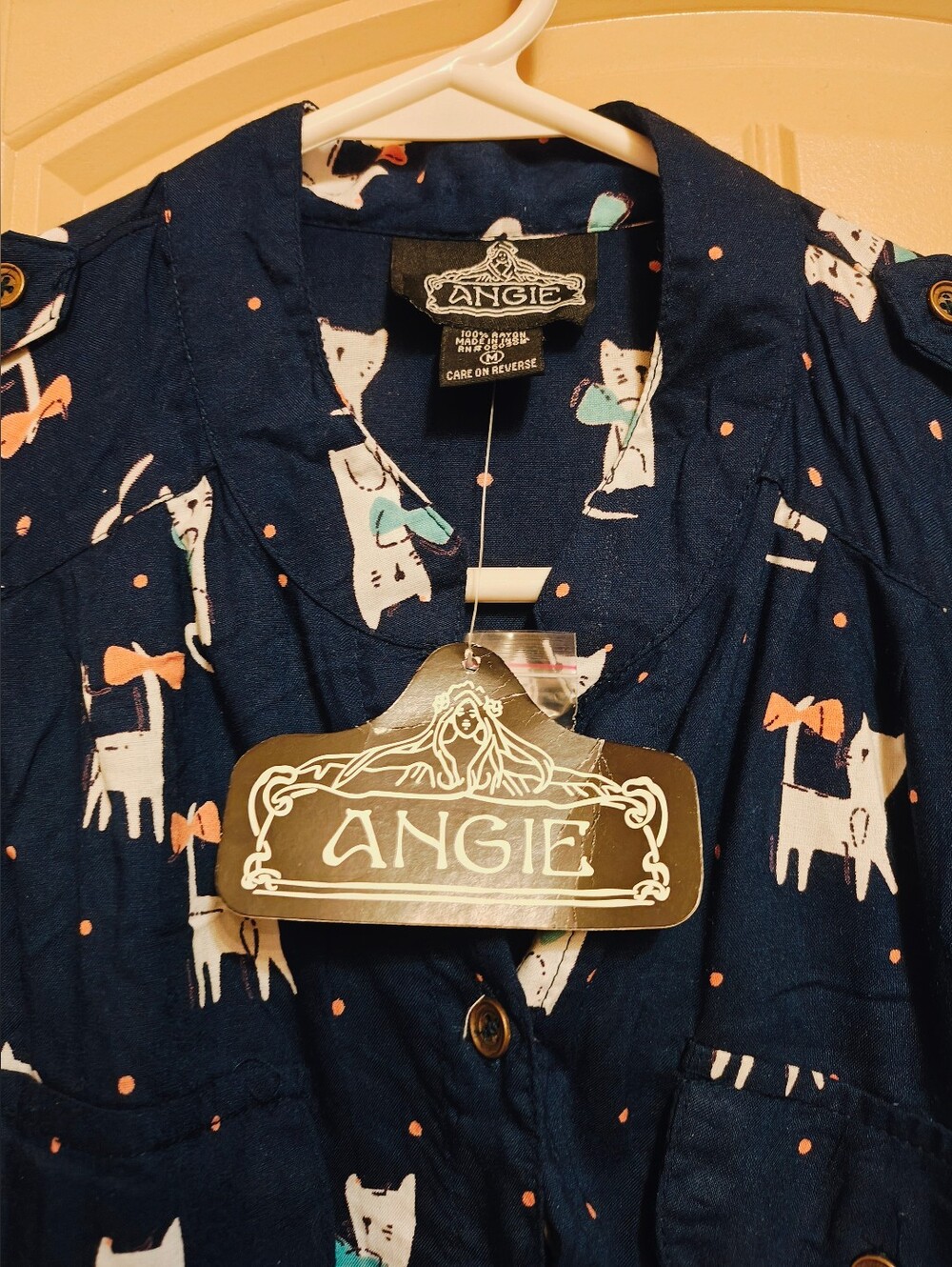 NWT ANGIE Navy cat print mini dress button front elastic Waist Sz M - Picture 6 of 9